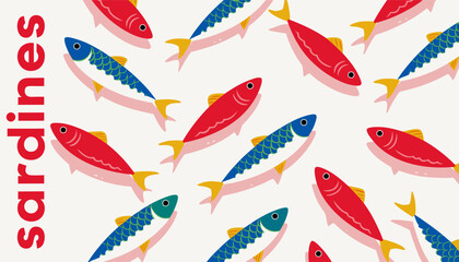 Fototapeta premium Seamless pattern of colorful sardines fish retro style sea food background