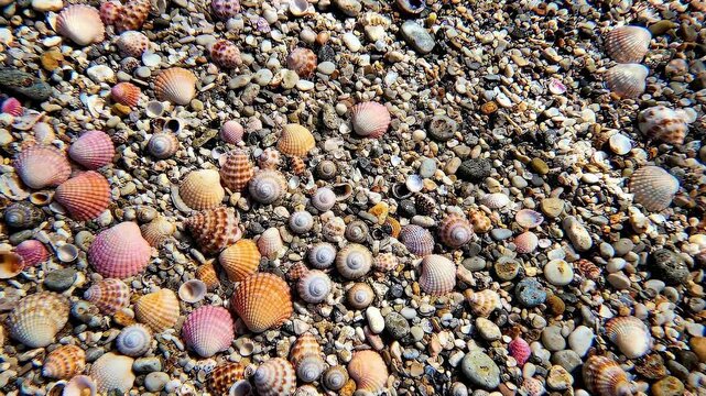 (Close-Up Coastal Abundance with a Cluster of Tiny Iridescent Shells and Smooth Pebbles Under Clear Rippling Water
