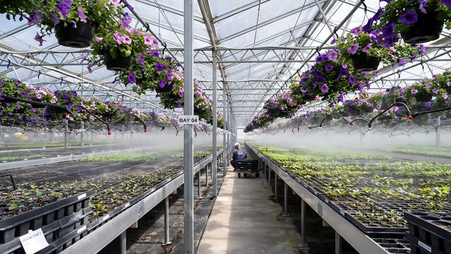 Rows of hanging plants in a large bright commercial greenhouse