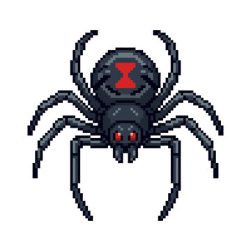 Black widow spider with red mark in pixel art style