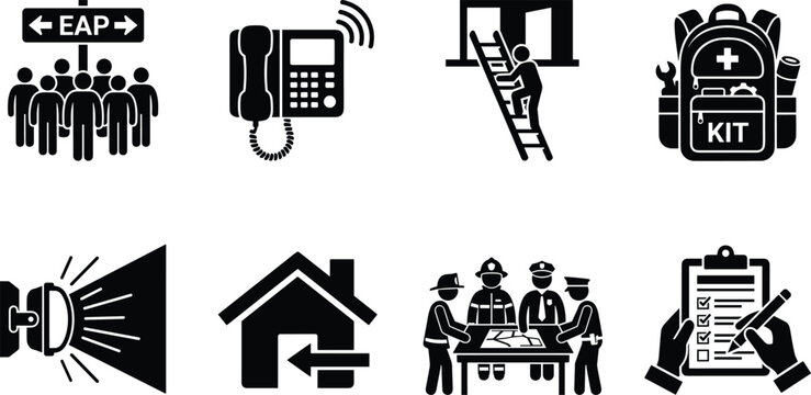 Emergency Action Plan and Disaster Preparedness Black Silhouette Icon Set for Workplace Safety Compliance