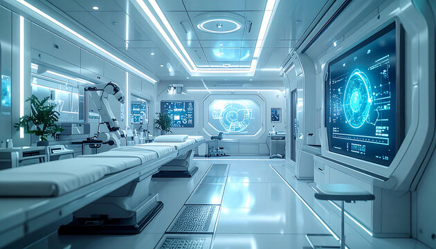 Futuristic Medical Lab with Advanced Technology and Blue Lighting.