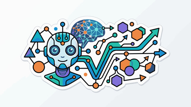 Robot head connects to abstract brain and data flow symbols