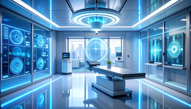 Futuristic Medical Research Facility with Holographic Displays and Advanced Technology.
