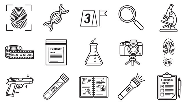 Forensic science line icons set, 15 crime scene investigation vector elements, police detective equipment and laboratory evidence symbols