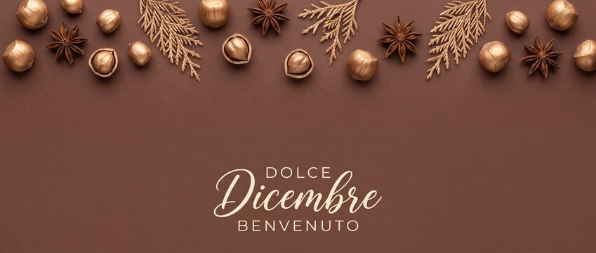 Christmas background brown gold hazelnuts border with Dolce Dicembre Benvenuto Italian text greeting, golden thuja leaves, star anise spices for elegant winter holiday banner design.