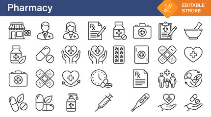 Naklejka premium Set of pharmacy and medical icons featuring pills medicine healthcare symbols and doctor signs in a simple line art style for web and mobile design applications