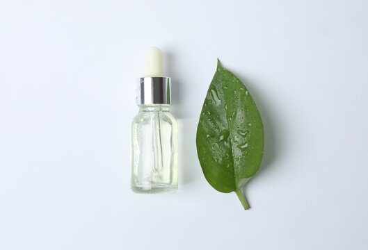 Skin care with cosmetic facial serum and green leaf on light background. Dry skin care product