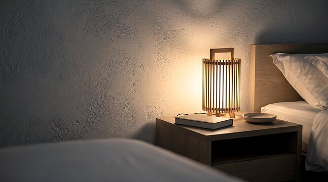 Cozy bedside lamp illuminating a book on a nightstand next to a bed.