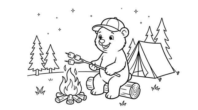 Cute bear roasting marshmallows at a campfire while camping in the forest at night