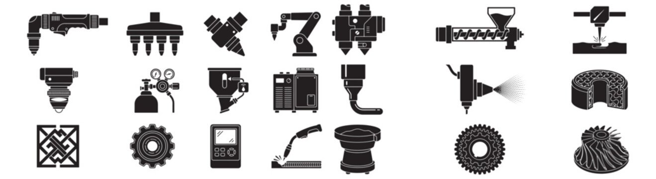 Manufacturing And Industrial Machinery Icons Set &mdash; Silhouette Tools, Robotics, Welding And Production Equipment 