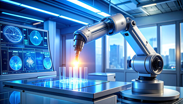 Futuristic Robotic Arm in Advanced Science Laboratory with Digital Displays.