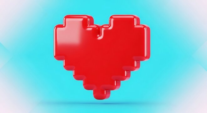 Red 3D pixel art heart floating against light blue gradient background.