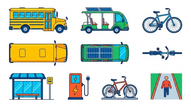 School bus and campus public transport vehicles vector pack, top and side view for urban planning.