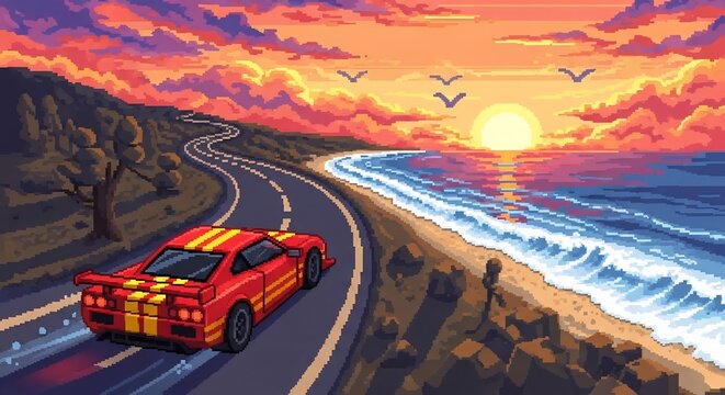 Red car driving towards sunset on coastal road pixel art illustration.