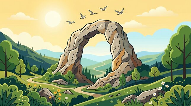Scenic vector landscape illustration of a natural stone archway in lush green hills with birds and a bright golden sun