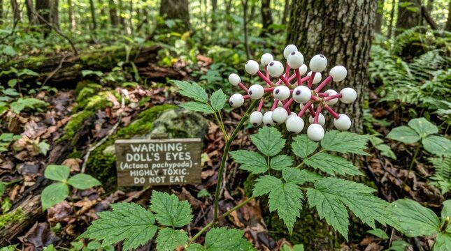 Extreme close up portrait of wild poisonous doll eye plant actaea pachypoda white berry clusters on mossy forest floor