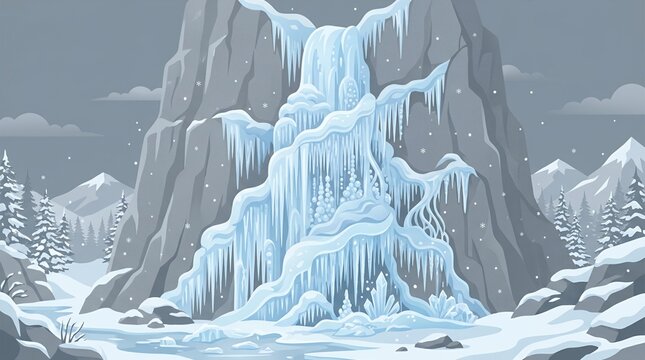 Beautiful Frozen Waterfall in a Winter Mountain Landscape with Snow Covered Pine Trees and Cold Arctic Scenery