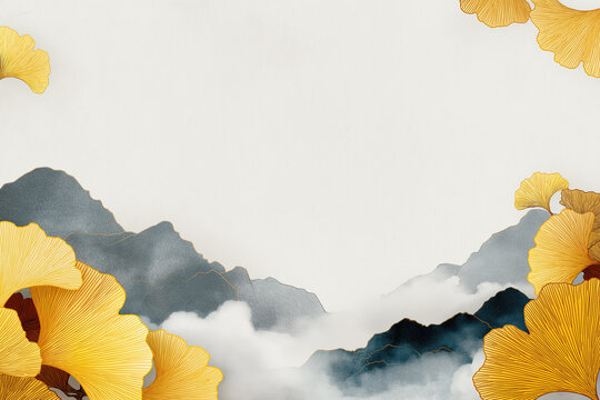 Delicate ginkgo leaves cascade over foggy layered peaks, evoking calm traditional Asian landscape artistry.
