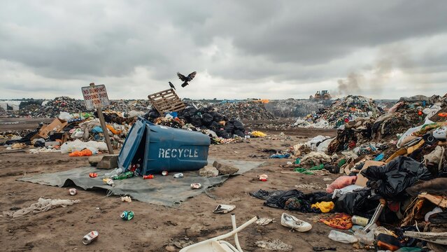 Large piles of trash at a city garbage dump with flying birds