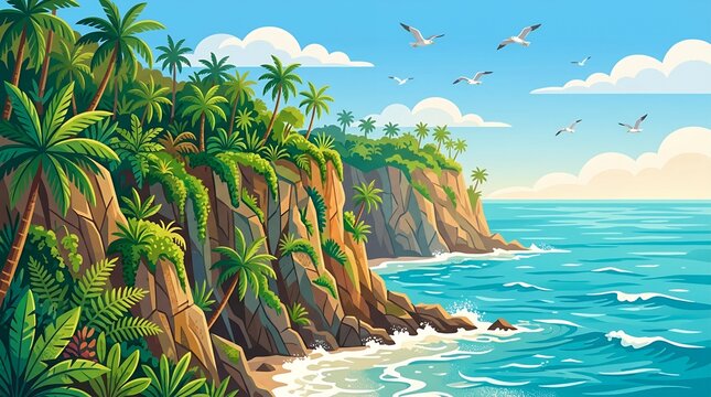 Lush Tropical Coastal Landscape with Majestic Cliffs Palm Trees and Seagulls Soaring Above the Turquoise Ocean Water