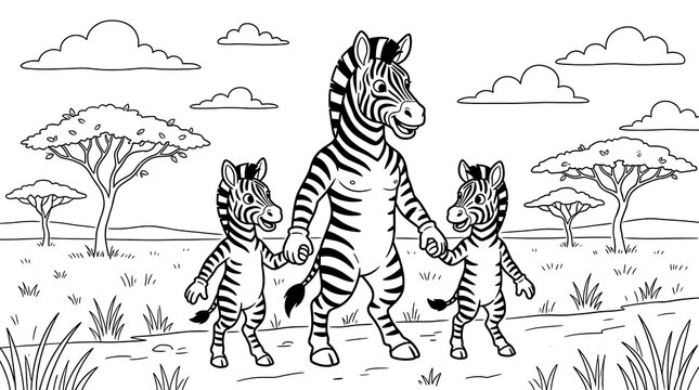 Cute zebra mother walking with two baby zebras in the african savanna line art coloring page