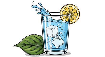 Refreshing Cold Lemonade Vector Illustration Design Featuring A Glass Of Sparkling Water With Ice Cubes And A Fresh Mint Leaf © Life Studio