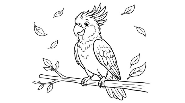 Cute cartoon cockatoo parrot bird sitting on a tree branch with flying leaves for coloring page