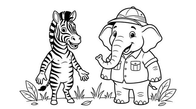 Cute cartoon zebra and explorer elephant standing together in the wild for coloring page