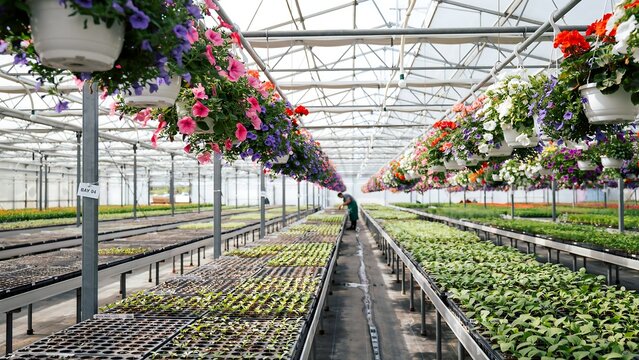 Many colorful hanging flowers and green plants inside a large greenhouse