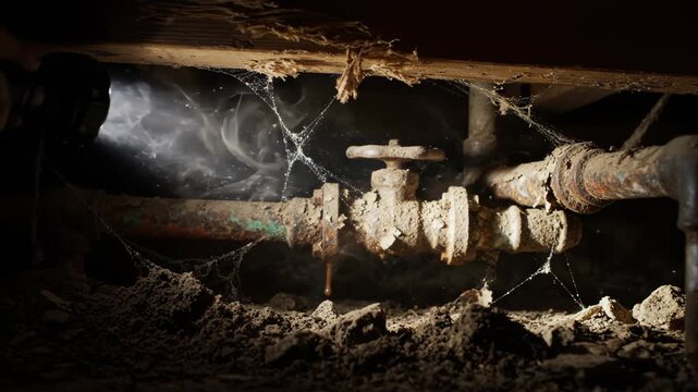 Flashlight beam illuminating a leaking, rusted pipe with cobwebs under a residential crawl space floor.