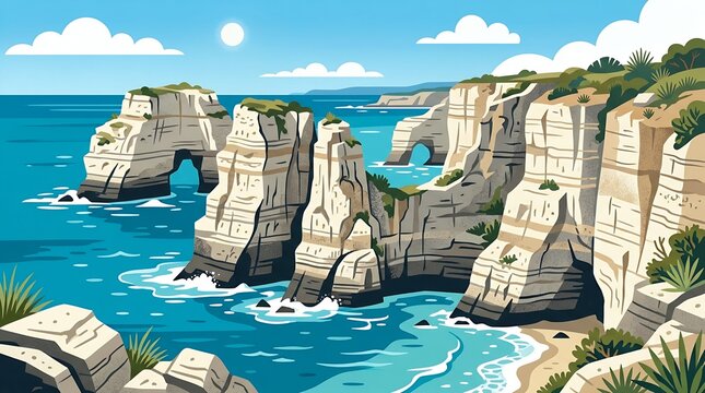 Stunning Coastal Cliff Landscape Illustration with Blue Sea Arches and Turquoise Water Under a Sunny Sky Environment
