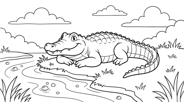 Happy cartoon alligator resting by the river in a sunny landscape for children coloring book page
