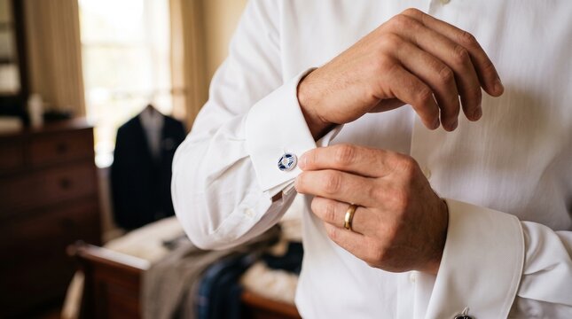 Man fastening cufflinks on white shirt. Groom preparing for wedding in formal attire.