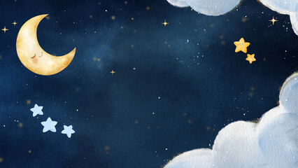 Cute sleeping crescent moon and stars background presentation with soft watercolor clouds