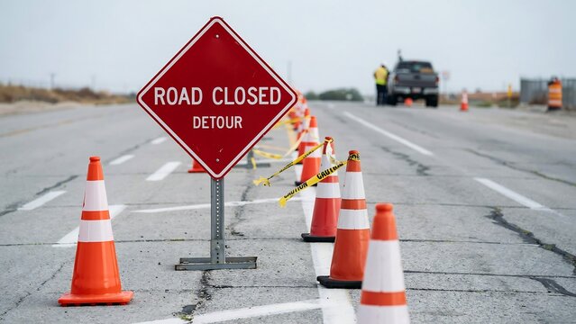 Road closed sign with orange traffic cones on an asphalt street