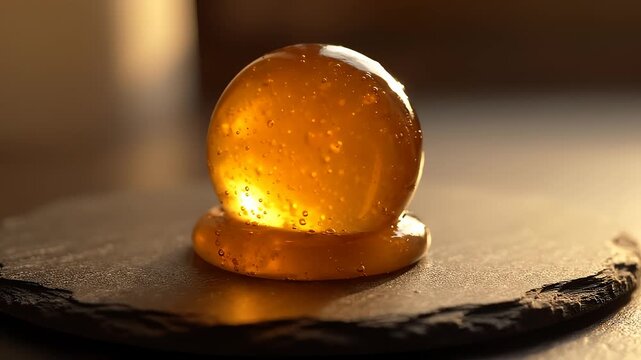 Macro closeup of golden honey sphere on dark slate, abstract food photography. High quality cinematic lighting focusing on organic texture and liquid viscosity for commercial culinary backgrounds.
