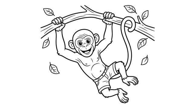 Happy little monkey hanging from a tree branch for a coloring book page