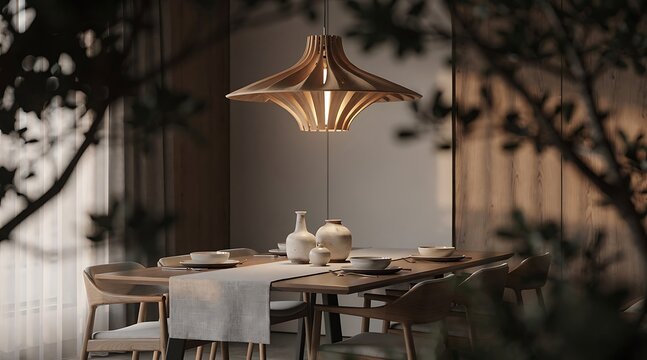 Elegant dining room with modern pendant light and table setting.