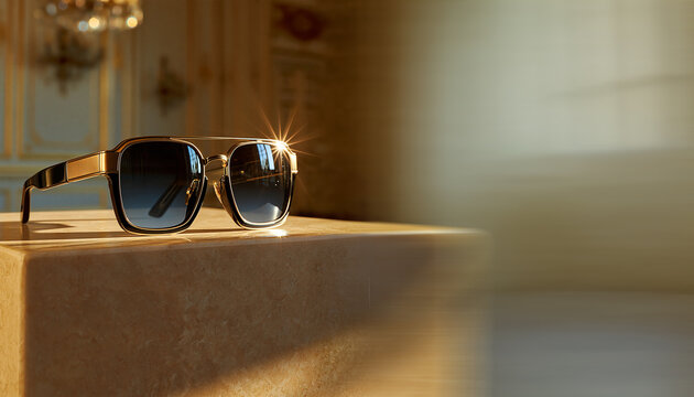Luxury designer sunglasses displayed on a premium stone pedestal in warm golden light, elegant product showcase with modern minimalist aesthetic
