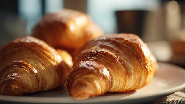 Golden flaky croissants on a ceramic plate.