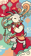 Fototapeta premium Cute Goat Playing Flute with Musical Notes and Swirling Clouds, Chinese New Year Celebration with Lanterns and Traditional Patterns, Flat Vector Illustration