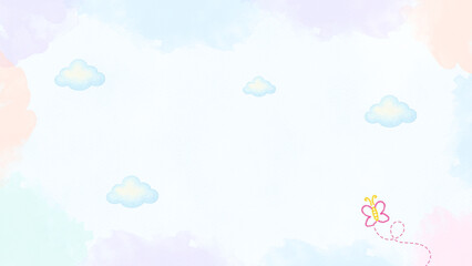 Pastel watercolor sky background presentation with soft clouds and cute flying butterfly doodle