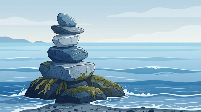 Peaceful Zen Stacked Stone Cairn on the Blue Ocean Shore Illustration Representing Balance and Harmony