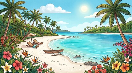 Fototapeta premium Scenic Tropical Beach Illustration with Palms Exotic Flowers Sun Loungers and Traditional Boat under Sunny Sky