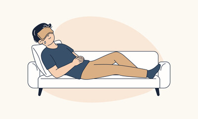 Fototapeta premium Man Lying on Sofa Using Cold Compress Cloth on Eyes and Face Smiling Mindfully Vector