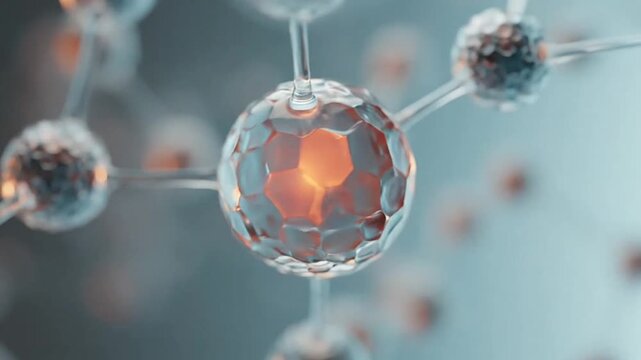 Abstract crystal glass molecular spheres with blue accents.