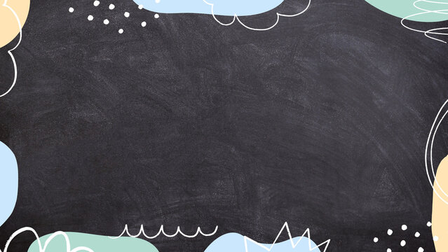 Black chalkboard background presentation with colorful abstract shapes and line art doodled frame