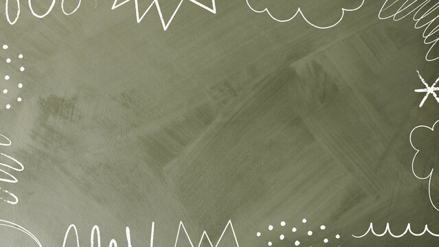 Olive green chalkboard background presentation with white line art doodles and cloud frame