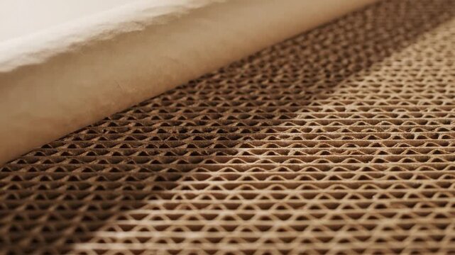 Close-up slow motion shot of textured corrugated cardboard material rolling out to create an interesting pattern